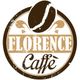 Logo circolare "Florence Caffè" con chicco di caffè stilizzato, sfondo marrone e beige.