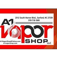 Business card for A1 Vapor Shop with contact info in Sanford, NC.
