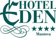 Logo di "Hotel Eden Mantova" con quattro stelle, scritta in verde ornata.