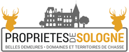 Logo "Propriétés de Sologne", château et cerfs stylisés, texte sur belles demeures et chasse.
