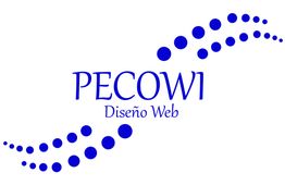 Texto en azul: "PECOWI Diseño Web", con decoración de puntos azules alrededor.