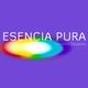 Texto "Esencia Pura" sobre fondo morado con mancha multicolor debajo.