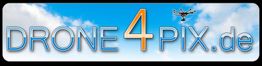 Logo mit Schrift "DRONE4PIX.de" und Drohne vor blauem Himmel mit Wolken.