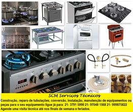 Imagem de fogões, fornos e componentes de gás com detalhes de serviço técnico SCM na parte inferior.