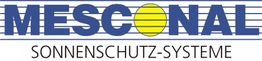 Logo von "Mesconal" mit gelber Sonne im "O". Text: "Sonnenschutz-Systeme". Blau-weißer Hintergrund.