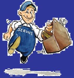Ein fröhlicher Handwerker in blauer Kleidung hält einen Werkzeugkasten vor blauem Hintergrund.