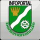 Wappen von Berlin Marzahn mit Ähre, Fluss und Zahnrad, Text: "Infoportal berlinmarzahn.de".