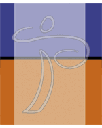 Abstrakte Komposition mit blauen und orangen Rechtecken, durchzogen von grauen Linien.