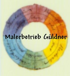 Unschärfer Kreis in Regenbogenfarben mit dem Text „Malerbetrieb Güldner“ in der Mitte.