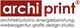 „archi print“-Logo mit Text zu Architektur, Energie, Werbung, Grafikdesign.