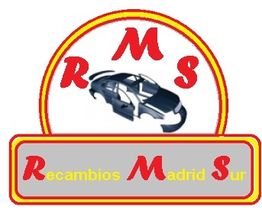 Logo con letras R, M, S en rojo, coche en el centro y texto "Recambios Madrid Sur" abajo.