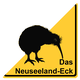 Schild mit Kiwi-Silhouette und Text "Das Neuseeland-Eck" auf gelbem Hintergrund.