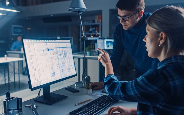 Zwei Ingenieure sitzen vor einen Computer und besprechen einen neu entwickelten Lastenplan.