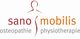 Logo mit Schriftzug "sano mobilis", darunter "osteopathie physiotherapie" mit einer roten Silhouette.
