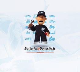 Personnage cartoon tenant une clé et batterie avec logo Batteries à Domicile en fond.