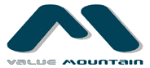 Logo mit abstraktem "VM"-Design, dunkelblau und schwarz, und dem Text "VALUE MOUNTAIN".