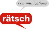 Sprechblasen: Oben "communications" in Grau, unten "rätsch" in Rot.