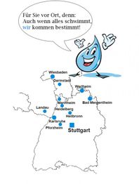 Karte mit einem lachenden Wassertropfen, Städtenamen und einem Text in einer Sprechblase.