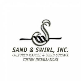 Logo of Sand & Swirl, Inc. with stylized "S" and text for cultured marble installations.