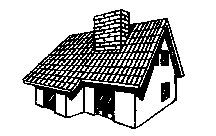 Schwarz-weiße Zeichnung eines Hauses mit Satteldach und Schornstein.