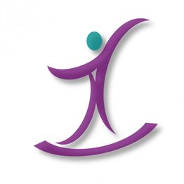 Stilisierte Figur aus lila Linien mit grünem Punkt oben, dynamische Bewegung darstellend.