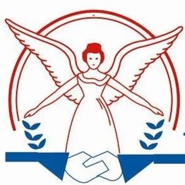 Ángel con alas extendidas rodeado de laurel y manos entrelazadas en línea azul y roja.