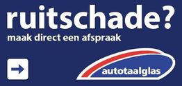 Blauwe advertentie met de tekst "ruitschade? maak direct een afspraak" en Autotaalglas-logo.