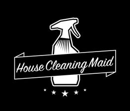 "House Cleaning Maid logo with spray bottle, stars, and banner on black background."