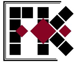 Abstraktes Design aus schwarzen und roten Quadraten und Rauten mit Rahmenlinien.