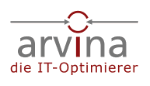Logo von arvina mit dem Slogan "die IT-Optimierer" und Pfeilsymbol oben.