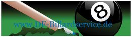 Billardqueue und schwarze Acht-Kugel mit Website-URL www.DF-Billardservice.de im Hintergrund.