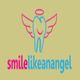 Tooth with angel wings and halo, text: "smilelikeanangel" below in pink and blue.