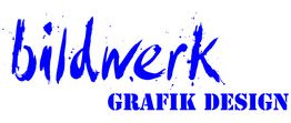 Blauer Schriftzug "bildwerk GRAFIK DESIGN" auf weißem Hintergrund.