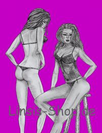Zwei gezeichnete Frauen in Dessous vor pinkem Hintergrund.