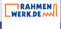 Logo mit blauem Text "RAHMENWERK.DE" und orangefarbenem Rahmen und Zickzack-Muster.
