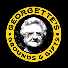 Logo featuring a woman's portrait with text: "Georgette's Grounds & Gifts" encircling it.