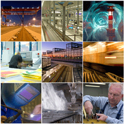 Neun Bilder: Industrie, Technik, Züge, Arbeitsplatz, Schweißen, Mann bei Präzisionsarbeit.