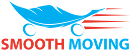 A stylized blue moving truck with red speed lines and text "Smooth Moving" below.
