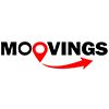 Schwarz-rotes "MOOVINGS"-Logo mit rotem Pfeil und Standortmarker.