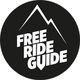 Schwarzer Kreis mit weißer Bergsilhouette und Text "FREE RIDE GUIDE".