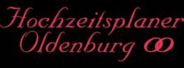 Rosa Schriftzug "Hochzeitsplaner Oldenburg" mit ineinandergreifenden Ringen auf schwarzem Hintergrund.