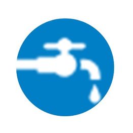 White faucet with drop on blue circle background.