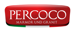 Logo von Percoco Marmor und Granit, rot mit italienischen Flaggenfarben unten.