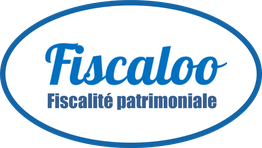Logo ovale bleu avec le texte "Fiscaloo Fiscalité patrimoniale".