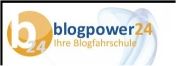 Logo mit "blogpower24 – Ihre Blogfahrschule", daneben ein stilisiertes Symbol in Weiß und Orange.