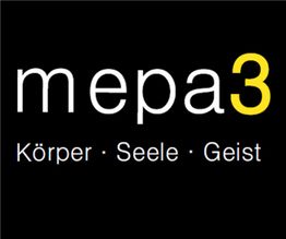 Schwarzer Hintergrund, weißer Text: "mepa3", darunter "Körper · Seele · Geist".