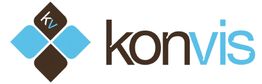 Logo mit vier Rauten und Schriftzug "konvis" in braun und blau.