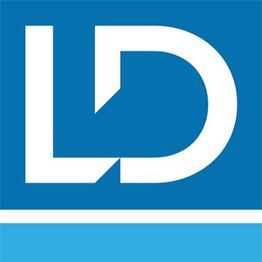 Blue logo with white "LD" letters on a blue background, featuring a horizontal white line.