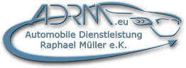 Logo von ADRM.eu mit Autoumrandung, Text: "Automobile Dienstleistung Raphael Müller e.K."