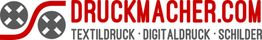"Druckmacher-Logo mit Symbolen. Textildruck, Digitaldruck, Schilder in Rot und Grau."